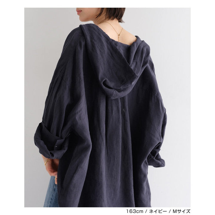 【evernavy】100%亞麻連帽長版襯衫 寬鬆防曬冷氣外搭 Japan E-Shop