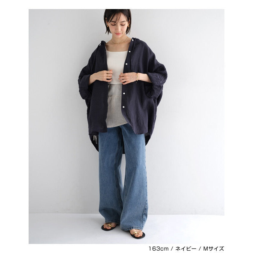 【evernavy】100%亞麻連帽長版襯衫 寬鬆防曬冷氣外搭 Japan E-Shop