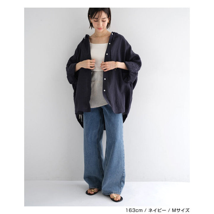 【evernavy】100%亞麻連帽長版襯衫 寬鬆防曬冷氣外搭 Japan E-Shop