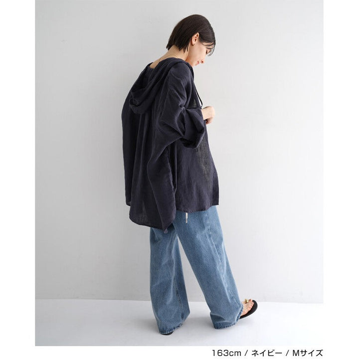 【evernavy】100%亞麻連帽長版襯衫 寬鬆防曬冷氣外搭 Japan E-Shop