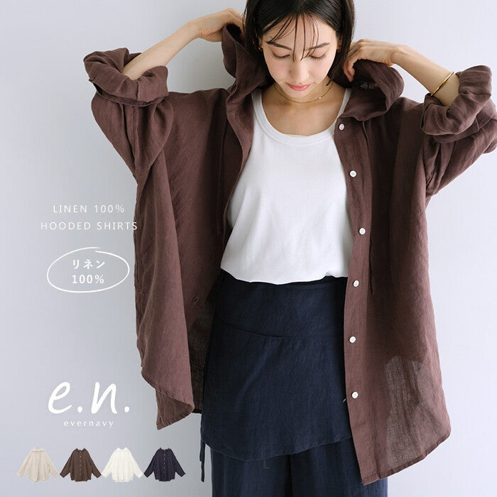 【evernavy】100%亞麻連帽長版襯衫 寬鬆防曬冷氣外搭 Japan E-Shop