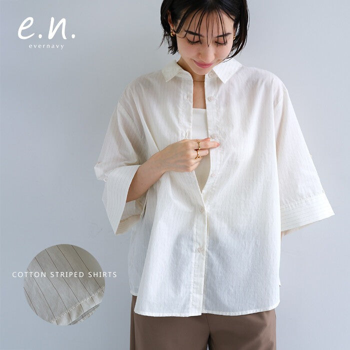 【evernavy】棉混紡細條紋兩穿寬鬆短袖襯衫 Japan E-Shop