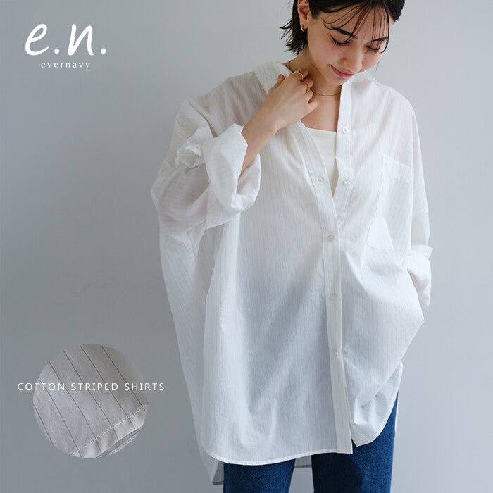 【evernavy】棉混細條紋寬鬆長版長袖襯衫 Japan E-Shop
