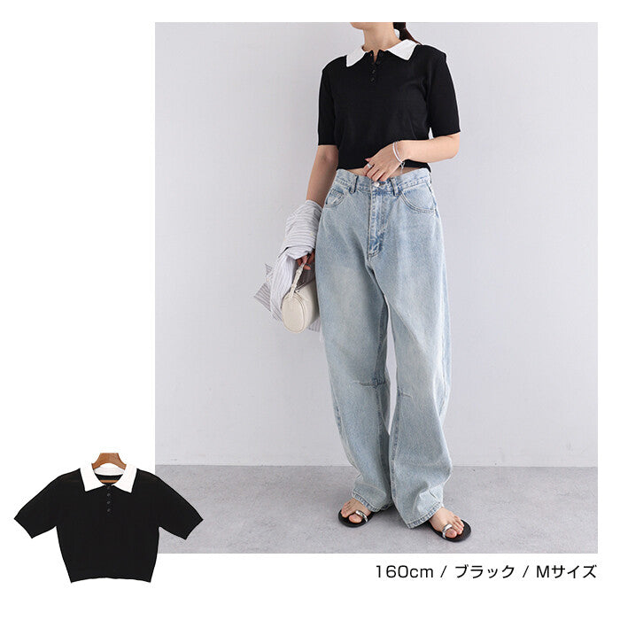 【Alma Design】雙色領POLO針織上衣 短版顯瘦修身剪裁 顏色