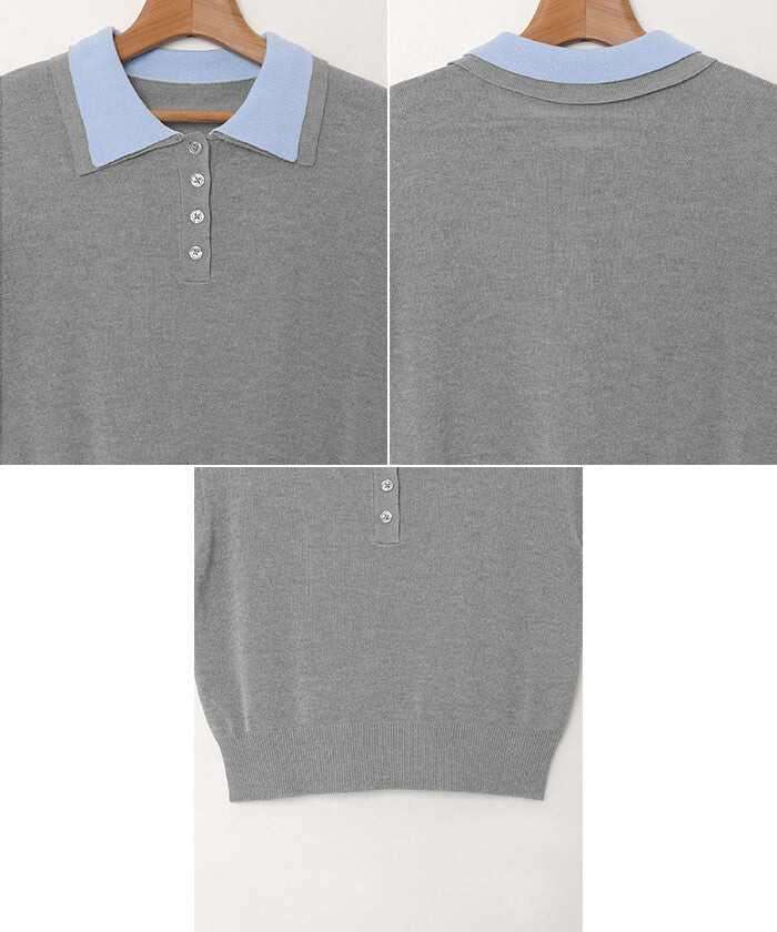 【Alma Design】雙色領POLO針織上衣 短版顯瘦修身剪裁 顏色