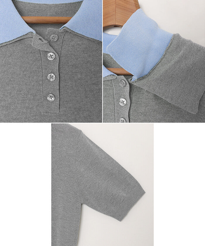 【Alma Design】雙色領POLO針織上衣 短版顯瘦修身剪裁 顏色