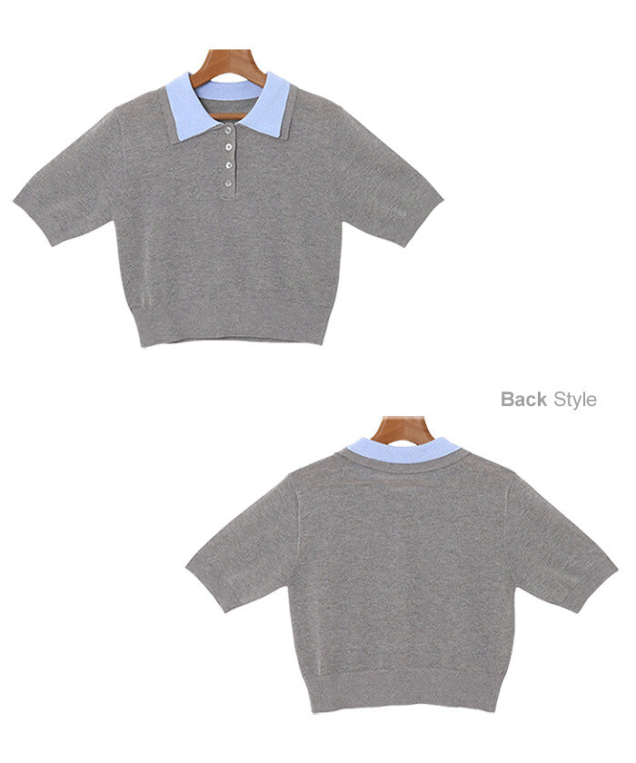 【Alma Design】雙色領POLO針織上衣 短版顯瘦修身剪裁 顏色