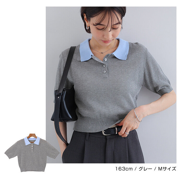 【Alma Design】雙色領POLO針織上衣 短版顯瘦修身剪裁 顏色