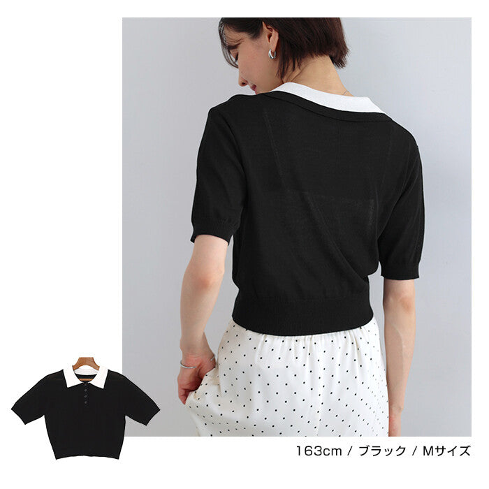 【Alma Design】雙色領POLO針織上衣 短版顯瘦修身剪裁 顏色