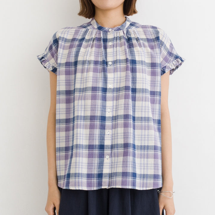 【kermu】印度棉格紋袖荷葉寬版襯衫 Japan E-Shop