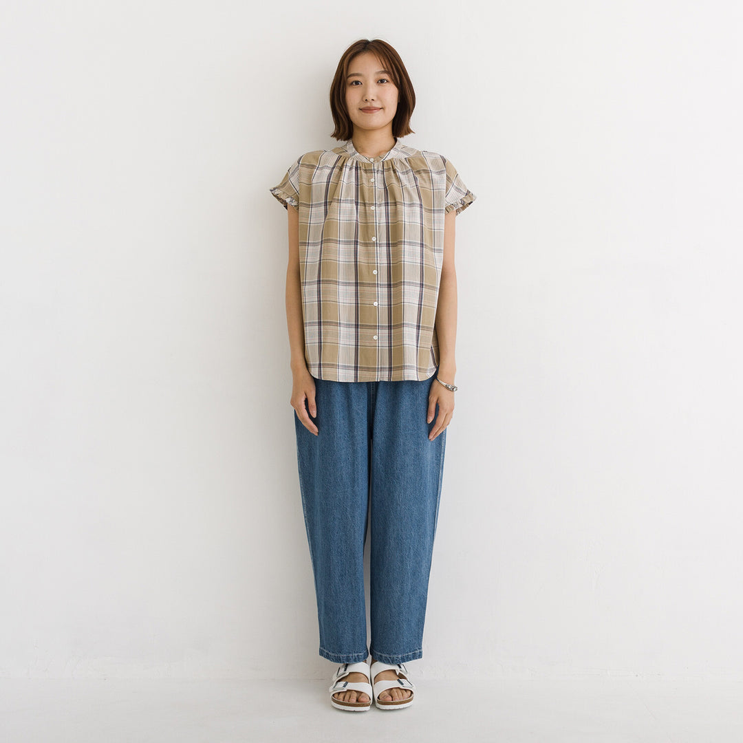 【kermu】印度棉格紋袖荷葉寬版襯衫 Japan E-Shop
