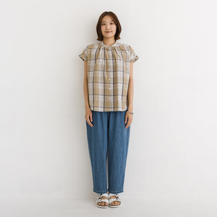 【kermu】印度棉格紋袖荷葉寬版襯衫 Japan E-Shop