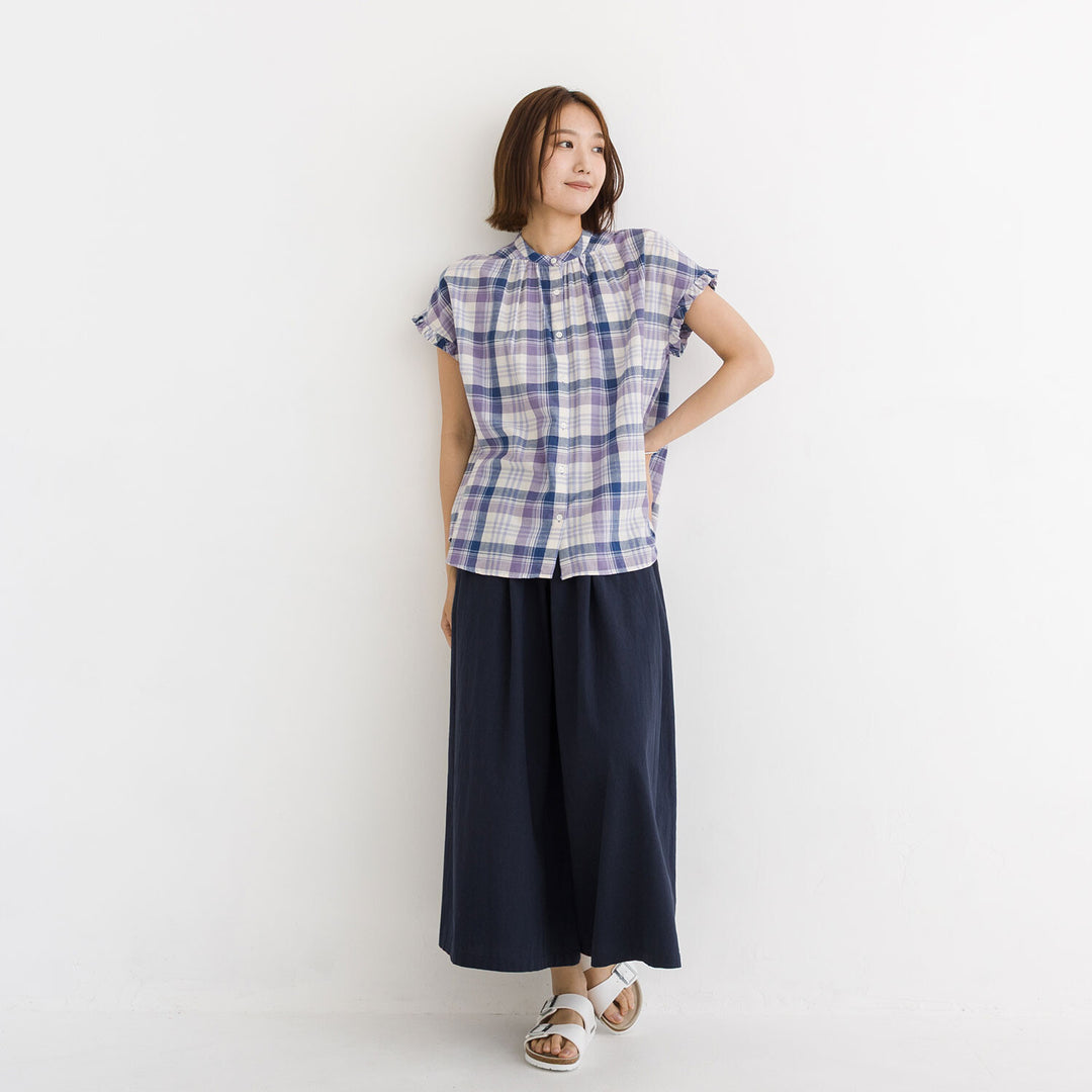 【kermu】印度棉格紋袖荷葉寬版襯衫 Japan E-Shop