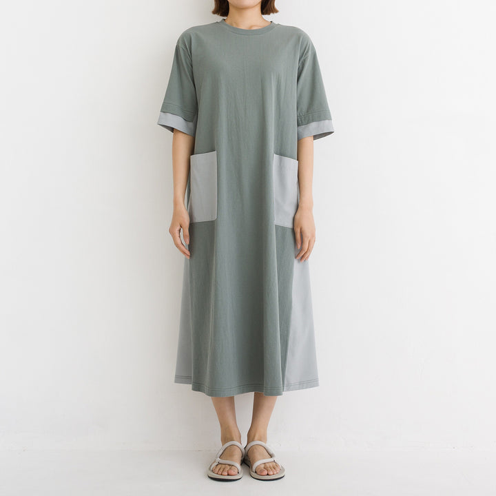 【kermu】涼感拼接傘襬口袋洋裝 Japan E-Shop