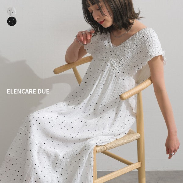 【春夏氣質首選】ELENCARE DUE 點點印花緹花後綁帶褶皺連身裙 Japan E-Shop