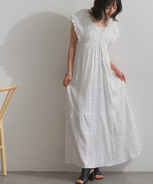 【春夏氣質首選】ELENCARE DUE 點點印花緹花後綁帶褶皺連身裙 Japan E-Shop