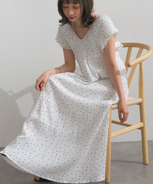 【春夏氣質首選】ELENCARE DUE 點點印花緹花後綁帶褶皺連身裙 Japan E-Shop