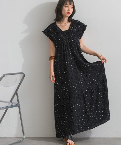 【春夏氣質首選】ELENCARE DUE 點點印花緹花後綁帶褶皺連身裙 Japan E-Shop