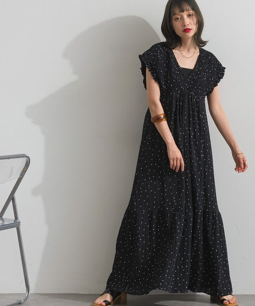 【春夏氣質首選】ELENCARE DUE 點點印花緹花後綁帶褶皺連身裙 Japan E-Shop