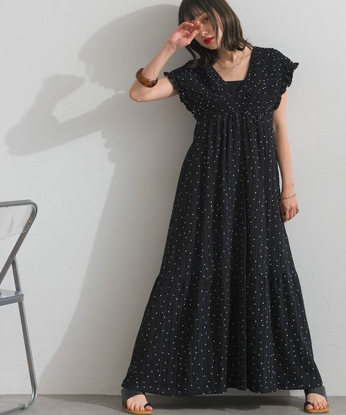 【春夏氣質首選】ELENCARE DUE 點點印花緹花後綁帶褶皺連身裙 Japan E-Shop