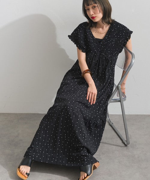 【春夏氣質首選】ELENCARE DUE 點點印花緹花後綁帶褶皺連身裙 Japan E-Shop