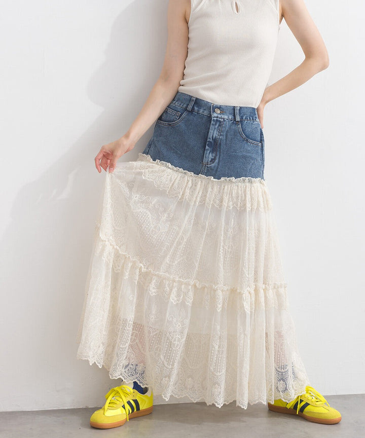 【iriey】牛仔×蕾絲三層疊裙 鬆緊腰 波浪長裙 Japan E-Shop