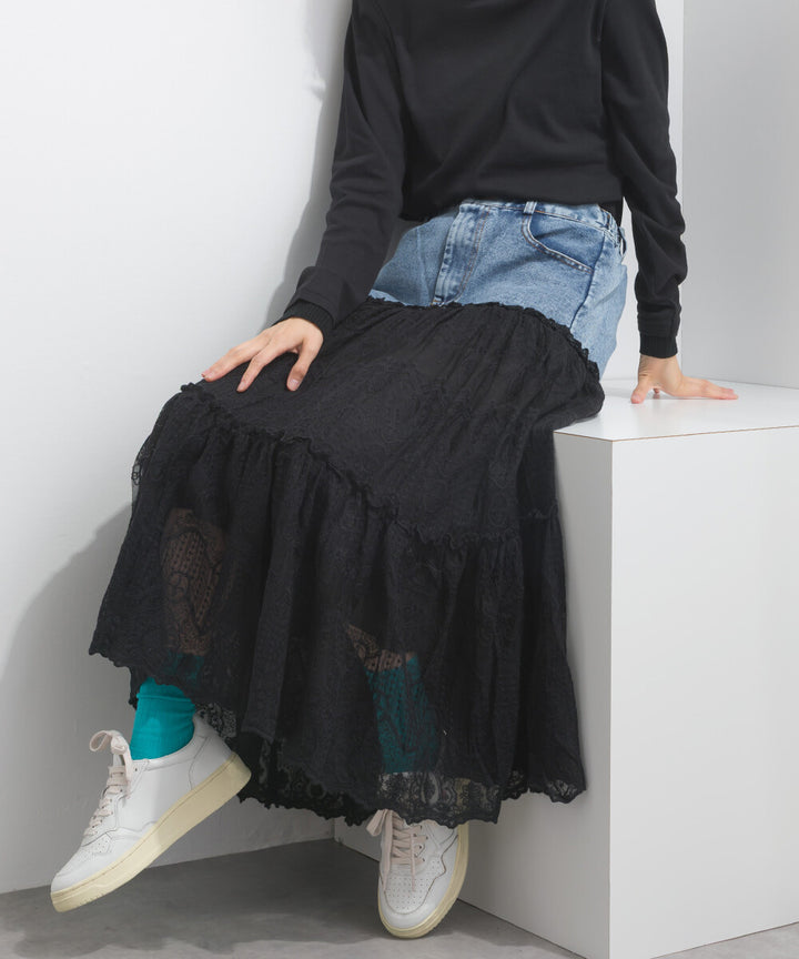 【iriey】牛仔×蕾絲三層疊裙 鬆緊腰 波浪長裙 Japan E-Shop