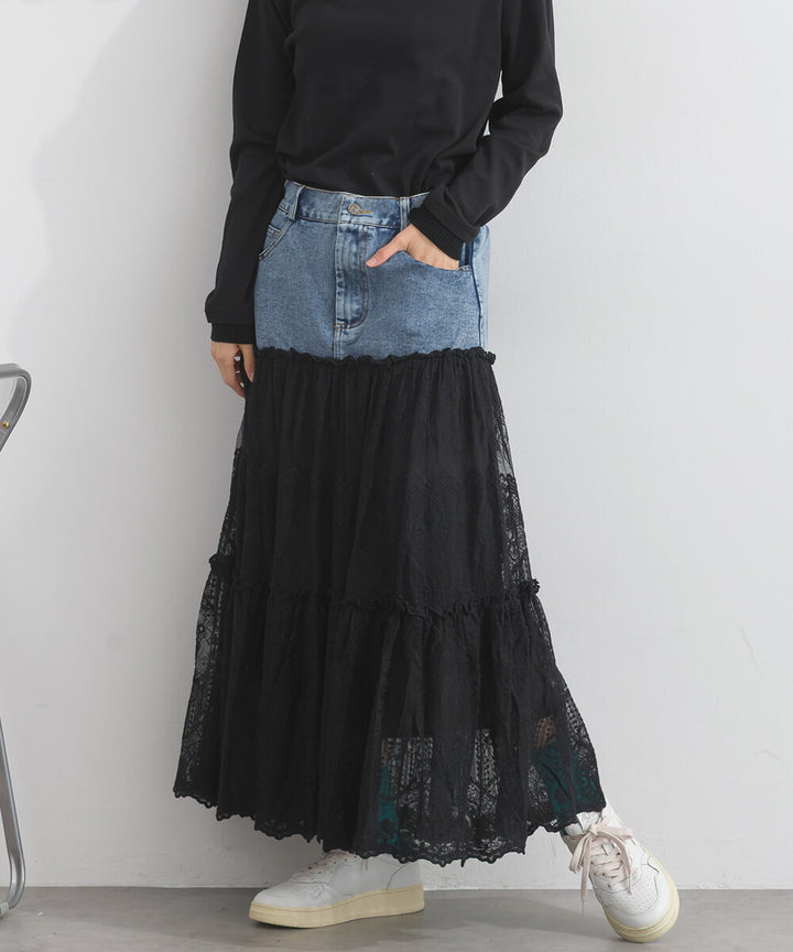 【iriey】牛仔×蕾絲三層疊裙 鬆緊腰 波浪長裙 Japan E-Shop