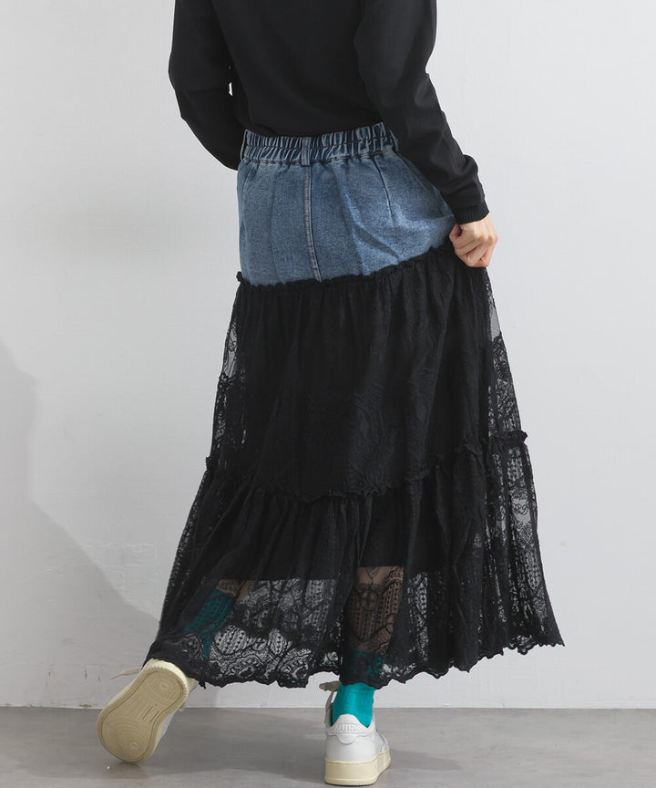 【iriey】牛仔×蕾絲三層疊裙 鬆緊腰 波浪長裙 Japan E-Shop