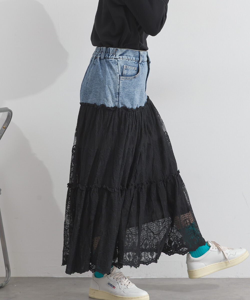 【iriey】牛仔×蕾絲三層疊裙 鬆緊腰 波浪長裙 Japan E-Shop