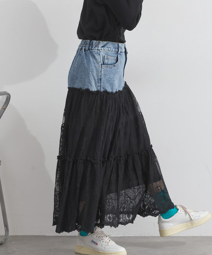 【iriey】牛仔×蕾絲三層疊裙 鬆緊腰 波浪長裙 Japan E-Shop
