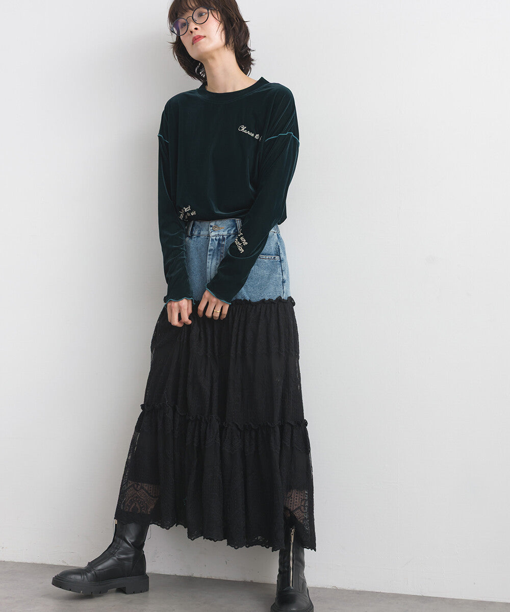 【iriey】牛仔×蕾絲三層疊裙 鬆緊腰 波浪長裙 Japan E-Shop
