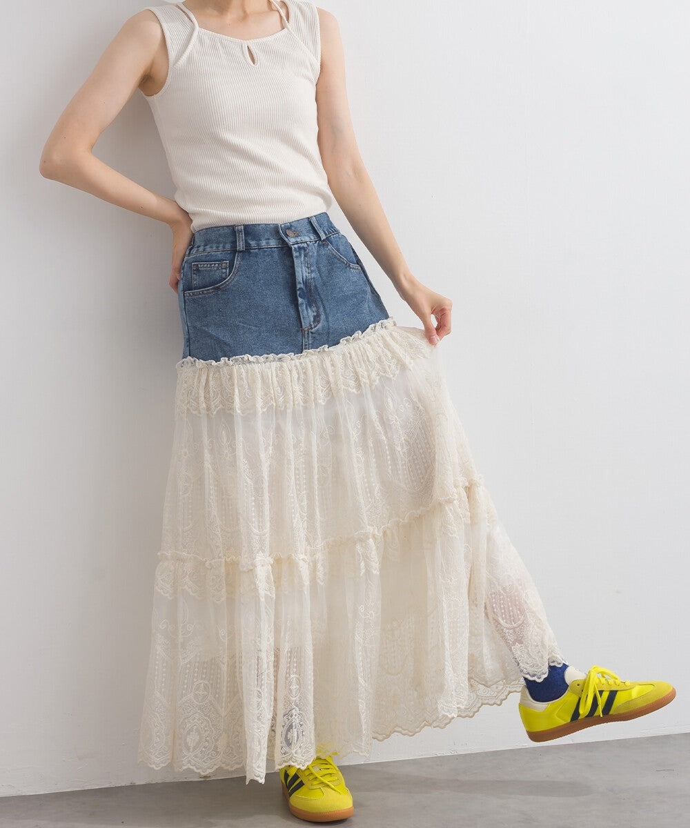 【iriey】牛仔×蕾絲三層疊裙 鬆緊腰 波浪長裙 Japan E-Shop