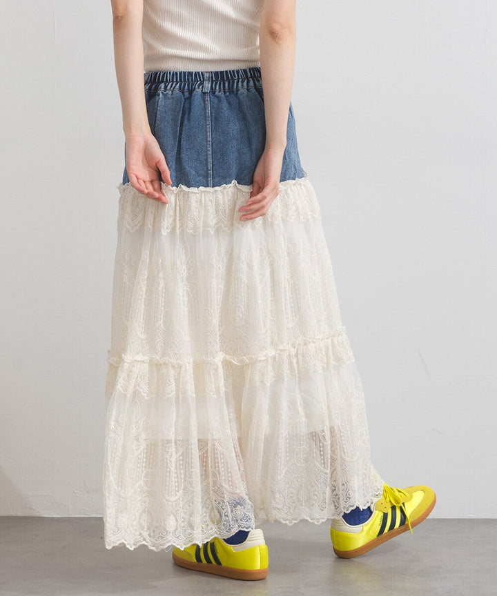【iriey】牛仔×蕾絲三層疊裙 鬆緊腰 波浪長裙 Japan E-Shop