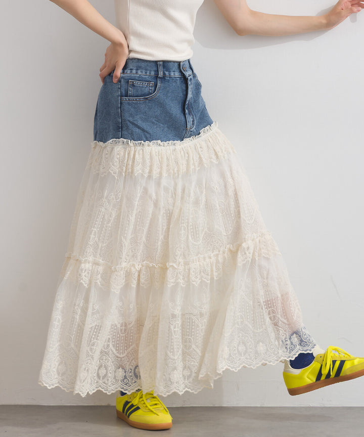 【iriey】牛仔×蕾絲三層疊裙 鬆緊腰 波浪長裙 Japan E-Shop