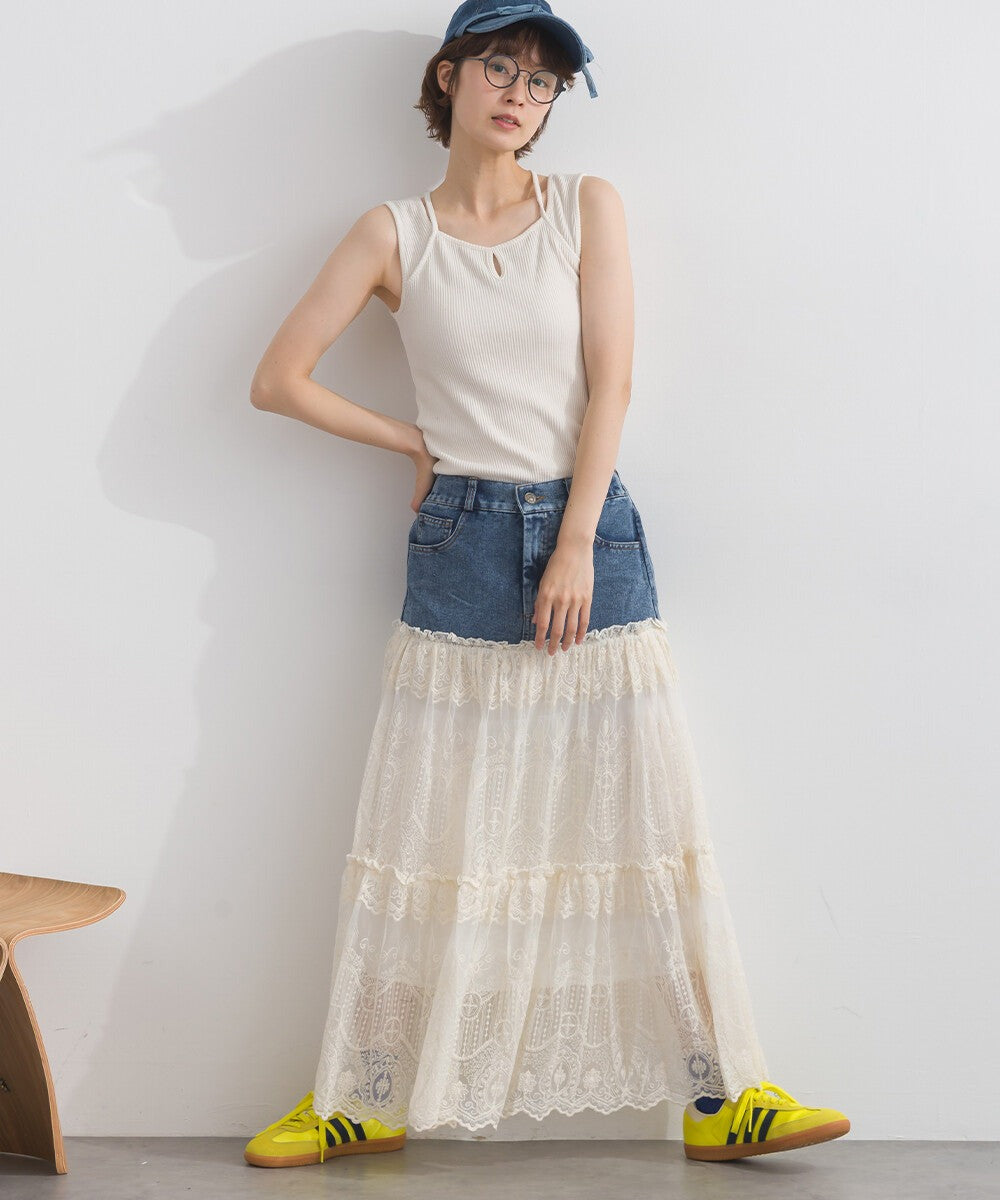 【iriey】牛仔×蕾絲三層疊裙 鬆緊腰 波浪長裙 Japan E-Shop