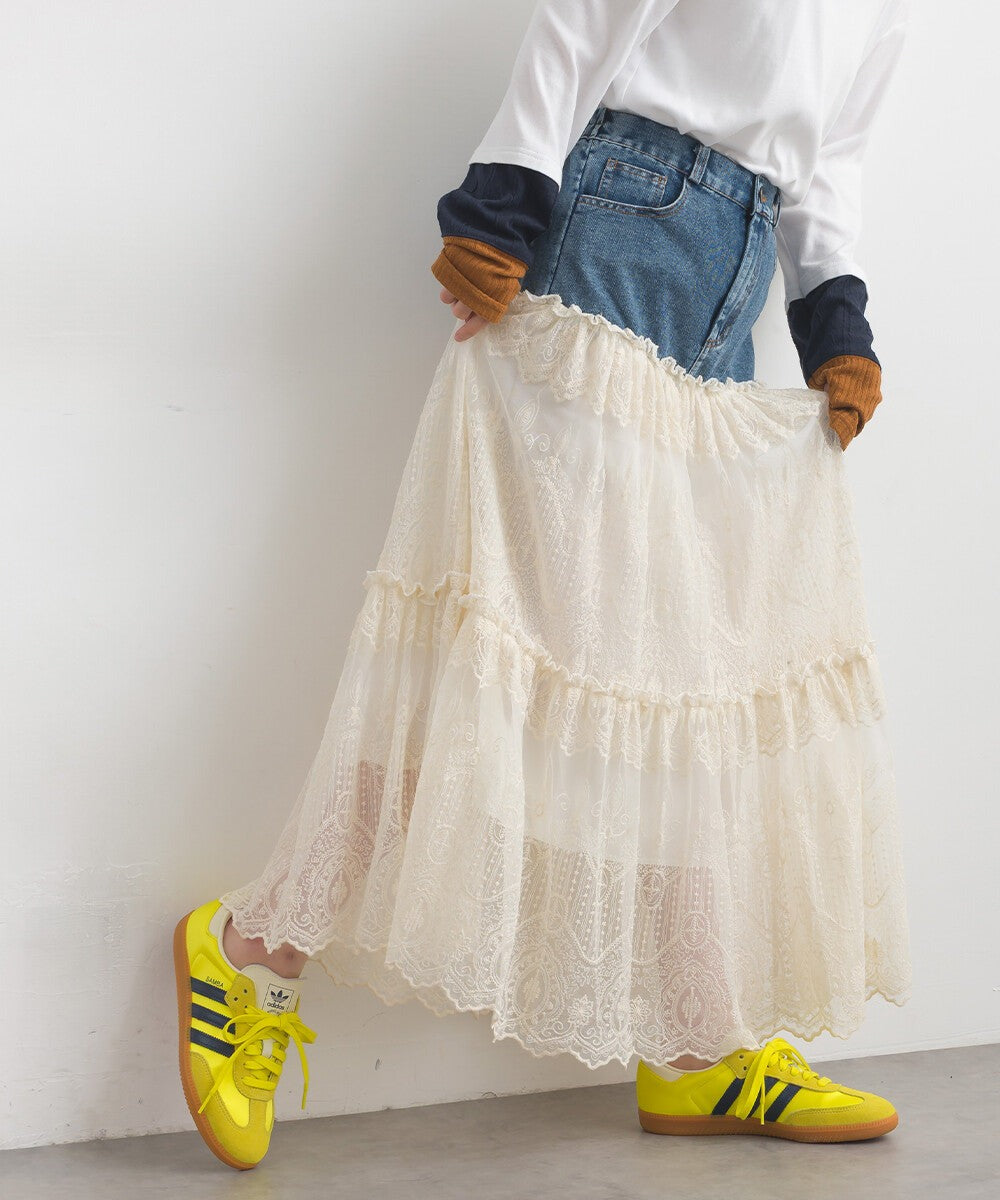 【iriey】牛仔×蕾絲三層疊裙 鬆緊腰 波浪長裙 Japan E-Shop