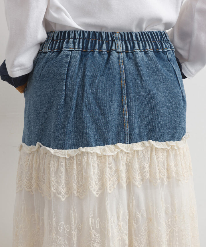 【iriey】牛仔×蕾絲三層疊裙 鬆緊腰 波浪長裙 Japan E-Shop