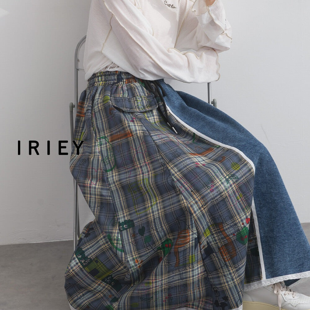 【iriey】牛仔×格紋不對稱拼接 側線條工裝口袋 長裙 Japan E-Shop