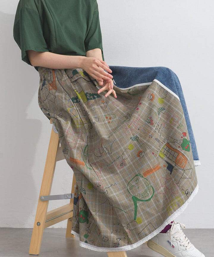 【iriey】牛仔×格紋不對稱拼接 側線條工裝口袋 長裙 Japan E-Shop