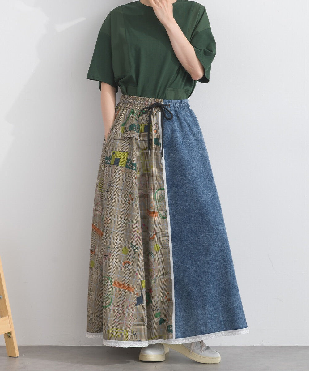 【iriey】牛仔×格紋不對稱拼接 側線條工裝口袋 長裙 Japan E-Shop
