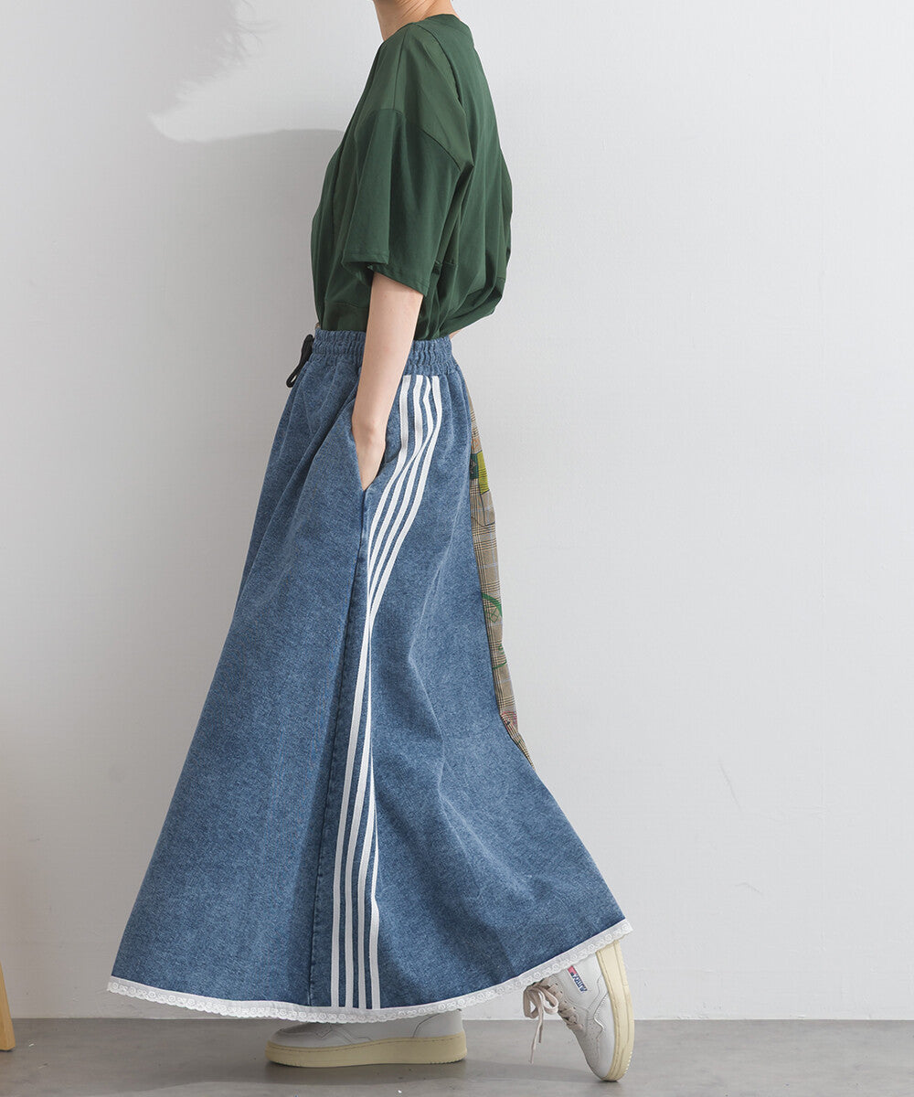 【iriey】牛仔×格紋不對稱拼接 側線條工裝口袋 長裙 Japan E-Shop