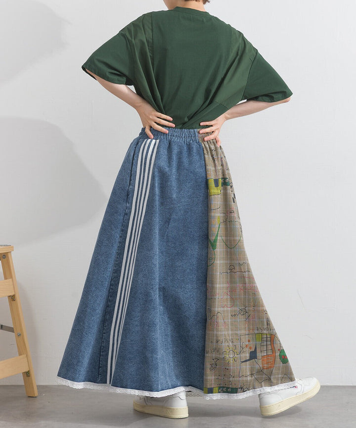 【iriey】牛仔×格紋不對稱拼接 側線條工裝口袋 長裙 Japan E-Shop