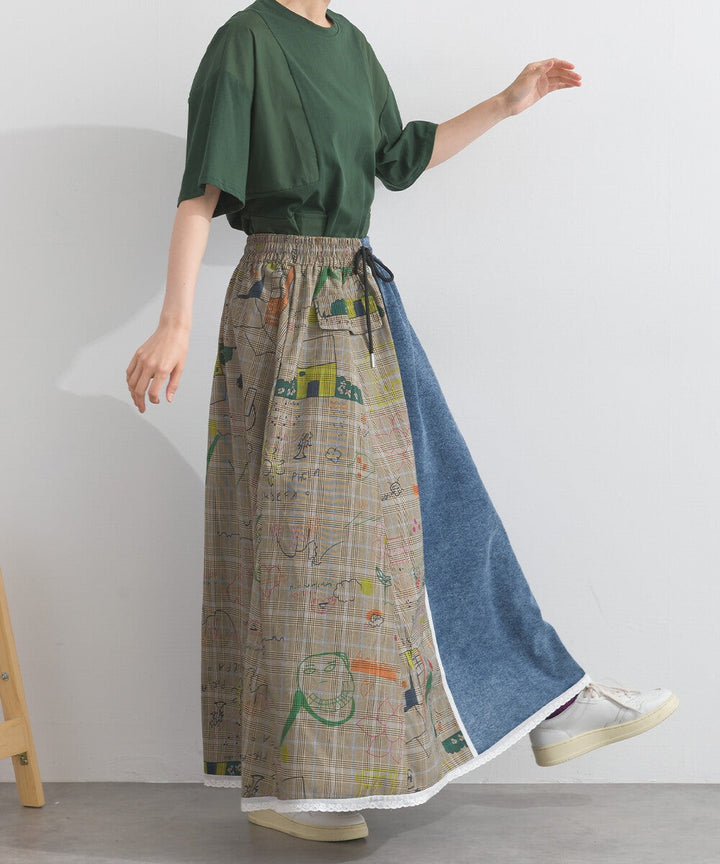 【iriey】牛仔×格紋不對稱拼接 側線條工裝口袋 長裙 Japan E-Shop