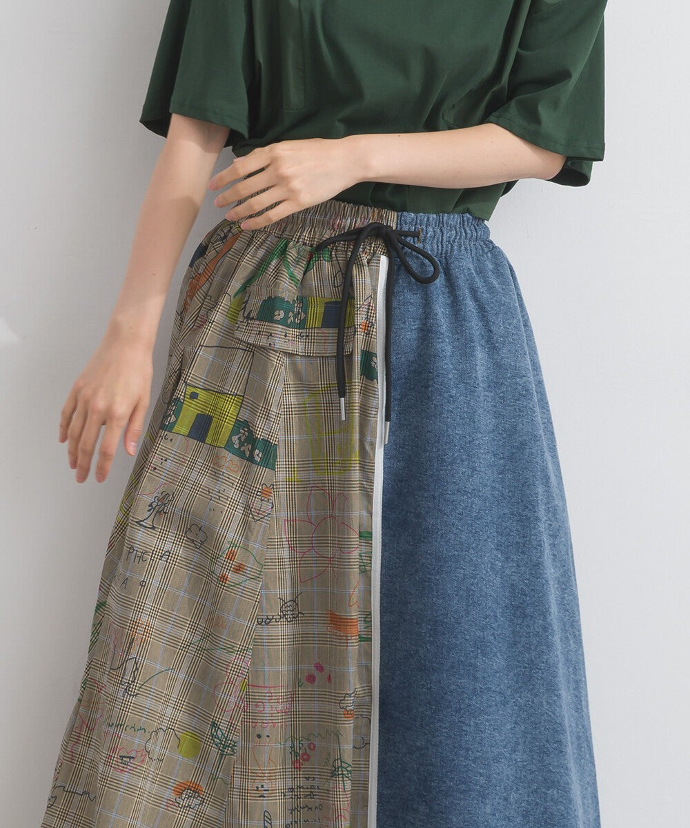 【iriey】牛仔×格紋不對稱拼接 側線條工裝口袋 長裙 Japan E-Shop
