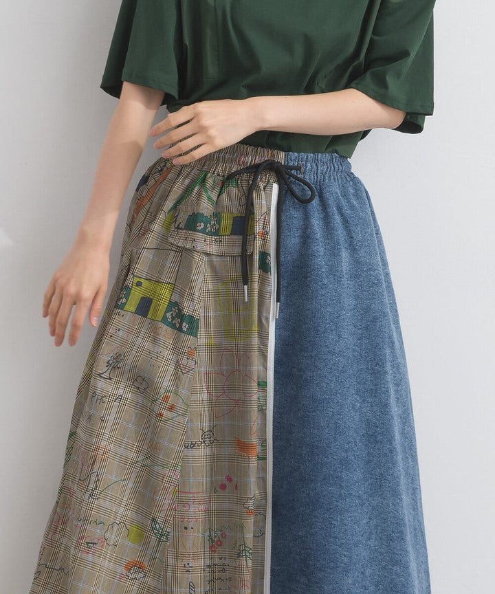 【iriey】牛仔×格紋不對稱拼接 側線條工裝口袋 長裙 Japan E-Shop