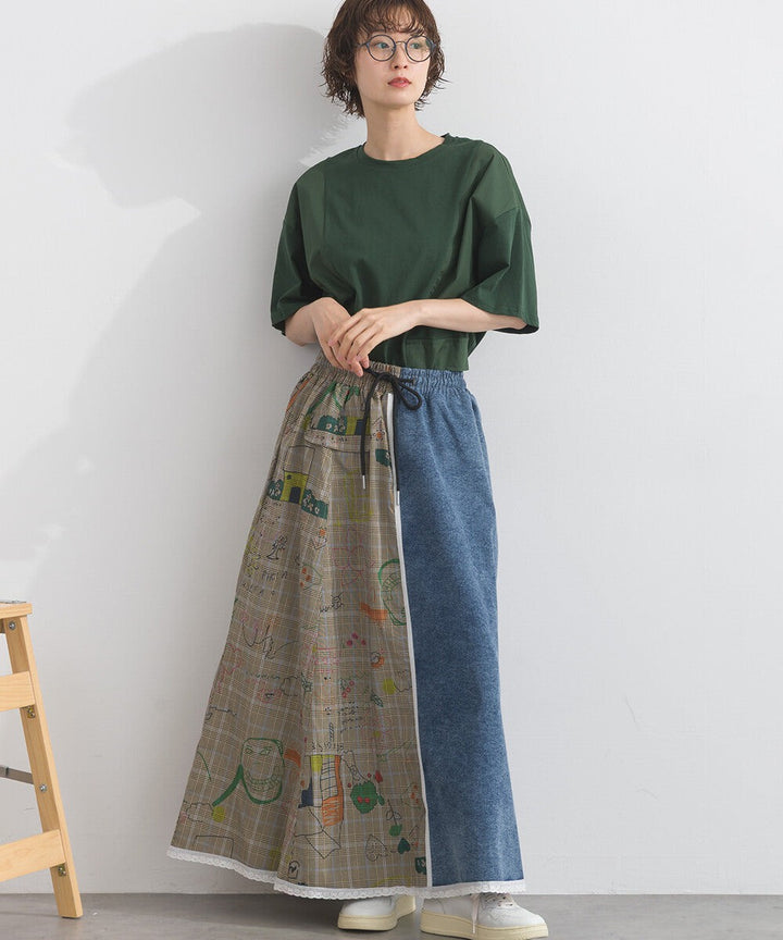 【iriey】牛仔×格紋不對稱拼接 側線條工裝口袋 長裙 Japan E-Shop