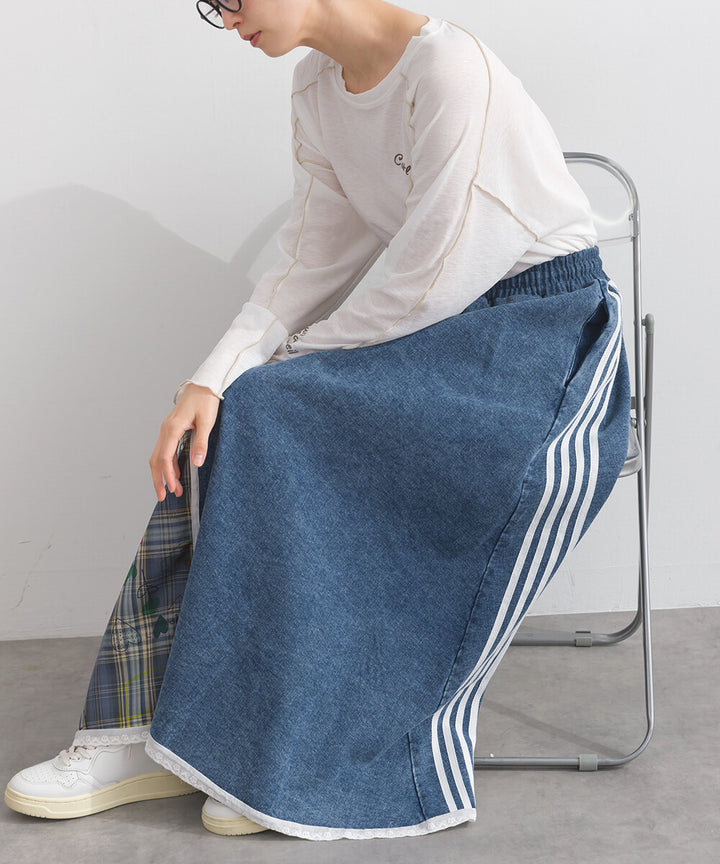 【iriey】牛仔×格紋不對稱拼接 側線條工裝口袋 長裙 Japan E-Shop