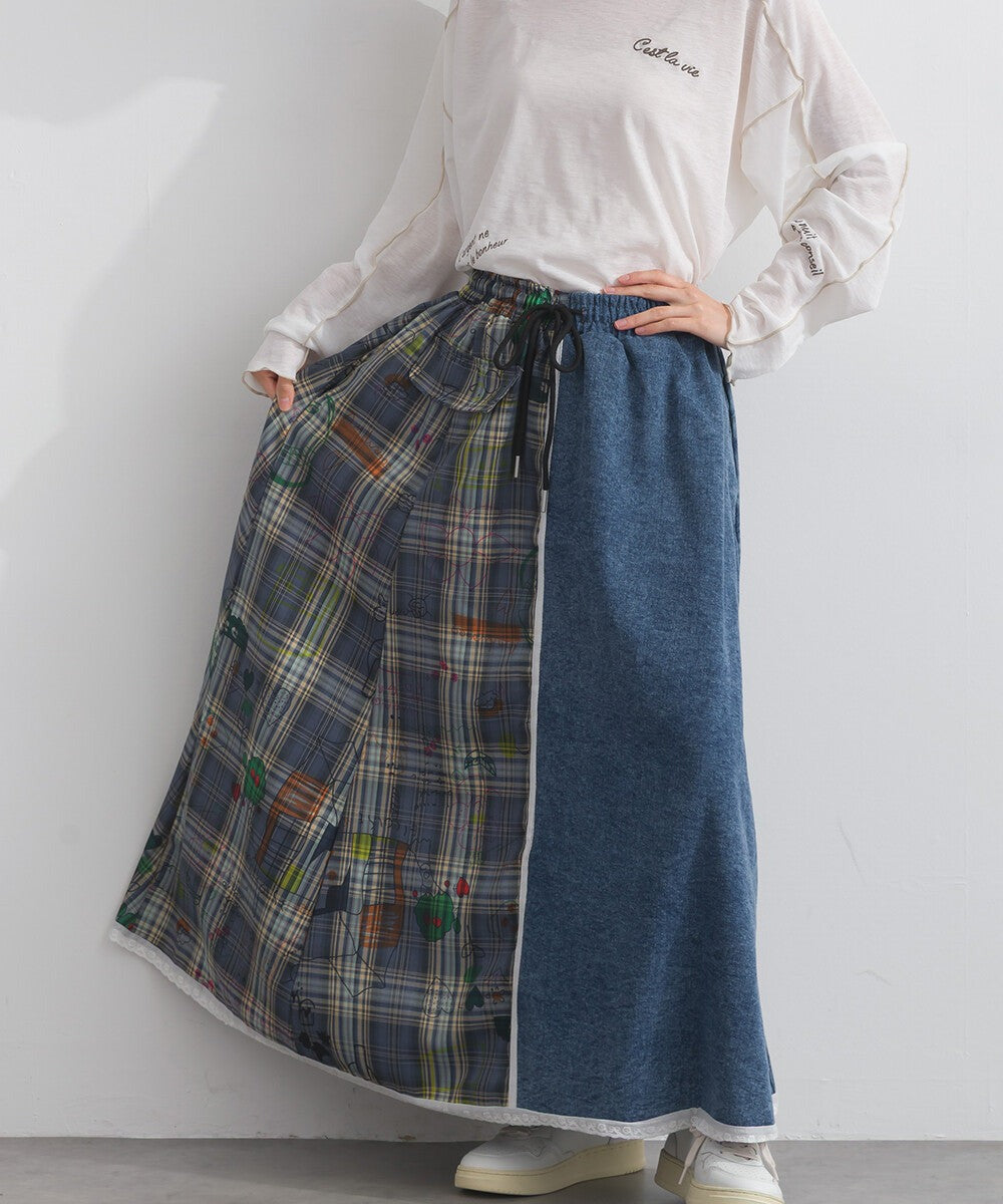 【iriey】牛仔×格紋不對稱拼接 側線條工裝口袋 長裙 Japan E-Shop
