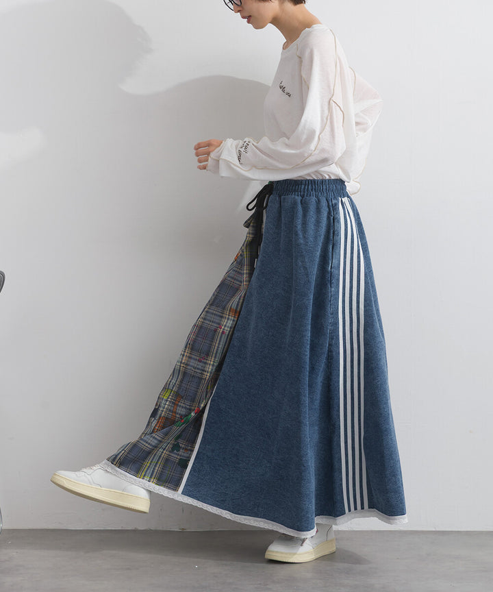 【iriey】牛仔×格紋不對稱拼接 側線條工裝口袋 長裙 Japan E-Shop